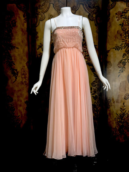 1960s vintage evening dress gown, FONTANA'S NY Beaded Pink Chiffon Formal Prom Gown