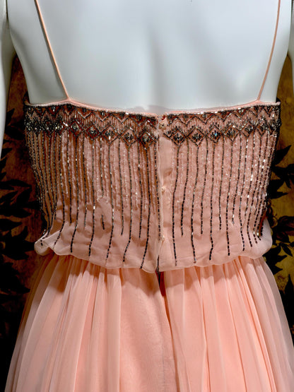 1960s vintage evening dress gown, FONTANA'S NY Beaded Pink Chiffon Formal Prom Gown