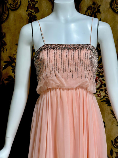 1960s vintage evening dress gown, FONTANA'S NY Beaded Pink Chiffon Formal Prom Gown