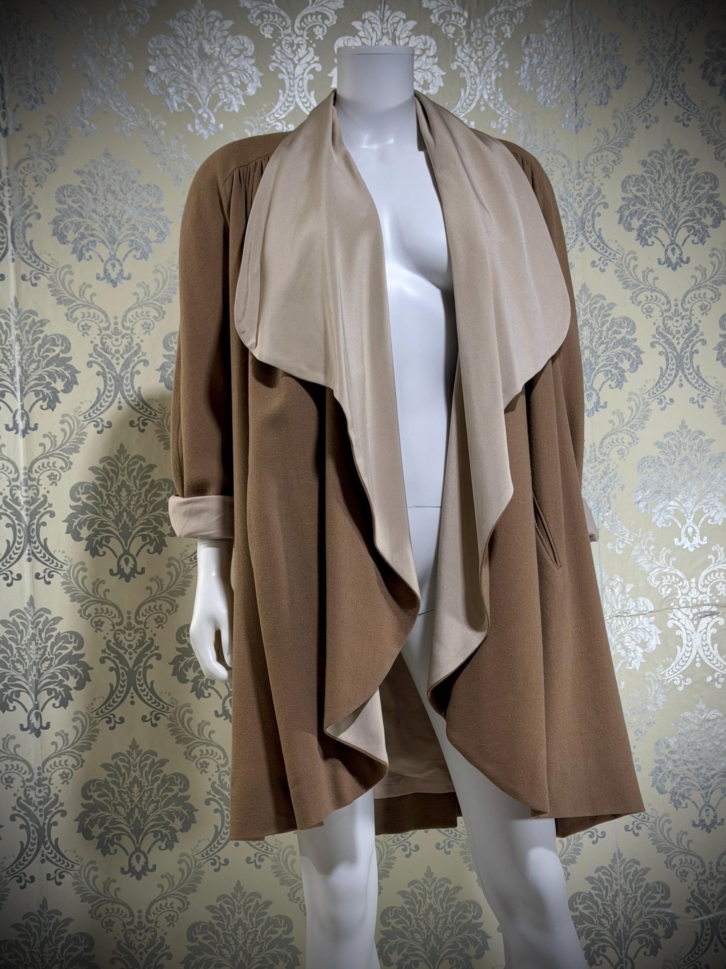 TRAVILLA vintage 1980s swing coat jacket, taupe ruffled car coat