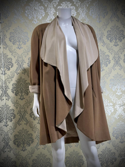 TRAVILLA vintage 1980s swing coat jacket, taupe ruffled car coat