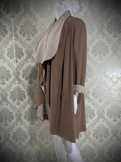 TRAVILLA vintage 1980s swing coat jacket, taupe ruffled car coat