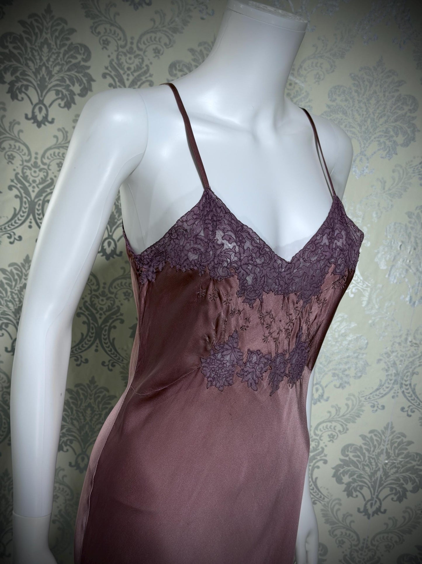 VIANNE vintage 1940s Silk Nightgown slip dress, dusty plum bias cut lace lingerie dress