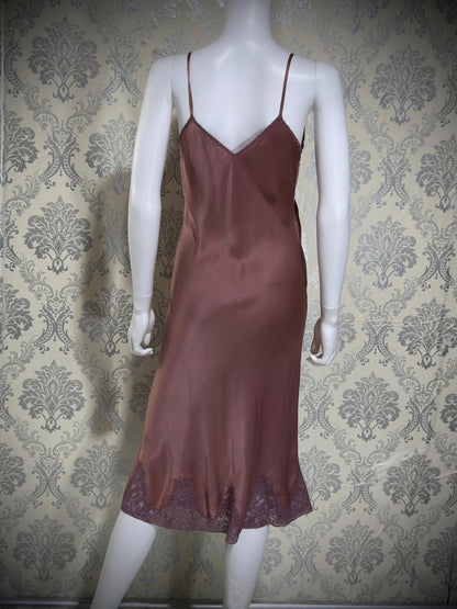 VIANNE vintage 1940s Silk Nightgown slip dress, dusty plum bias cut lace lingerie dress