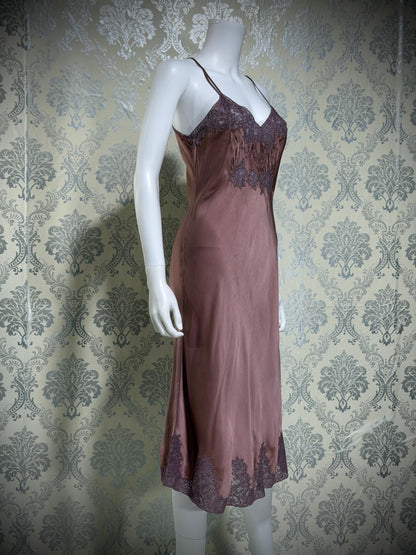 VIANNE vintage 1940s Silk Nightgown slip dress, dusty plum bias cut lace lingerie dress