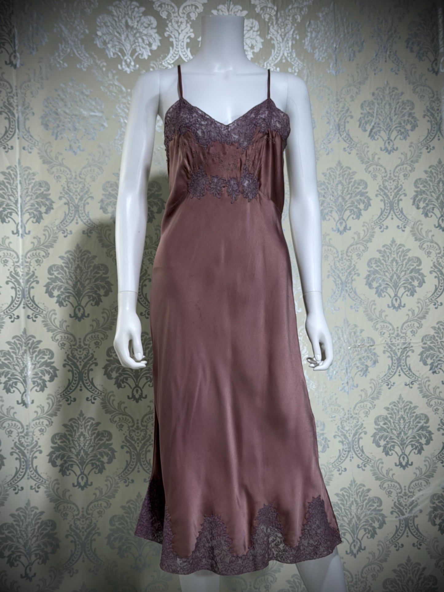 VIANNE vintage 1940s Silk Nightgown slip dress, dusty plum bias cut lace lingerie dress