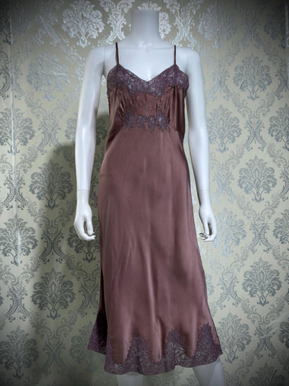 VIANNE vintage 1940s Silk Nightgown slip dress, dusty plum bias cut lace lingerie dress