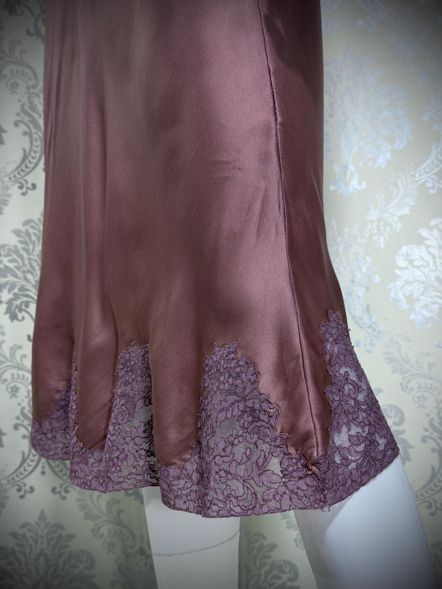 VIANNE vintage 1940s Silk Nightgown slip dress, dusty plum bias cut lace lingerie dress