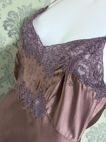 VIANNE vintage 1940s Silk Nightgown slip dress, dusty plum bias cut lace lingerie dress