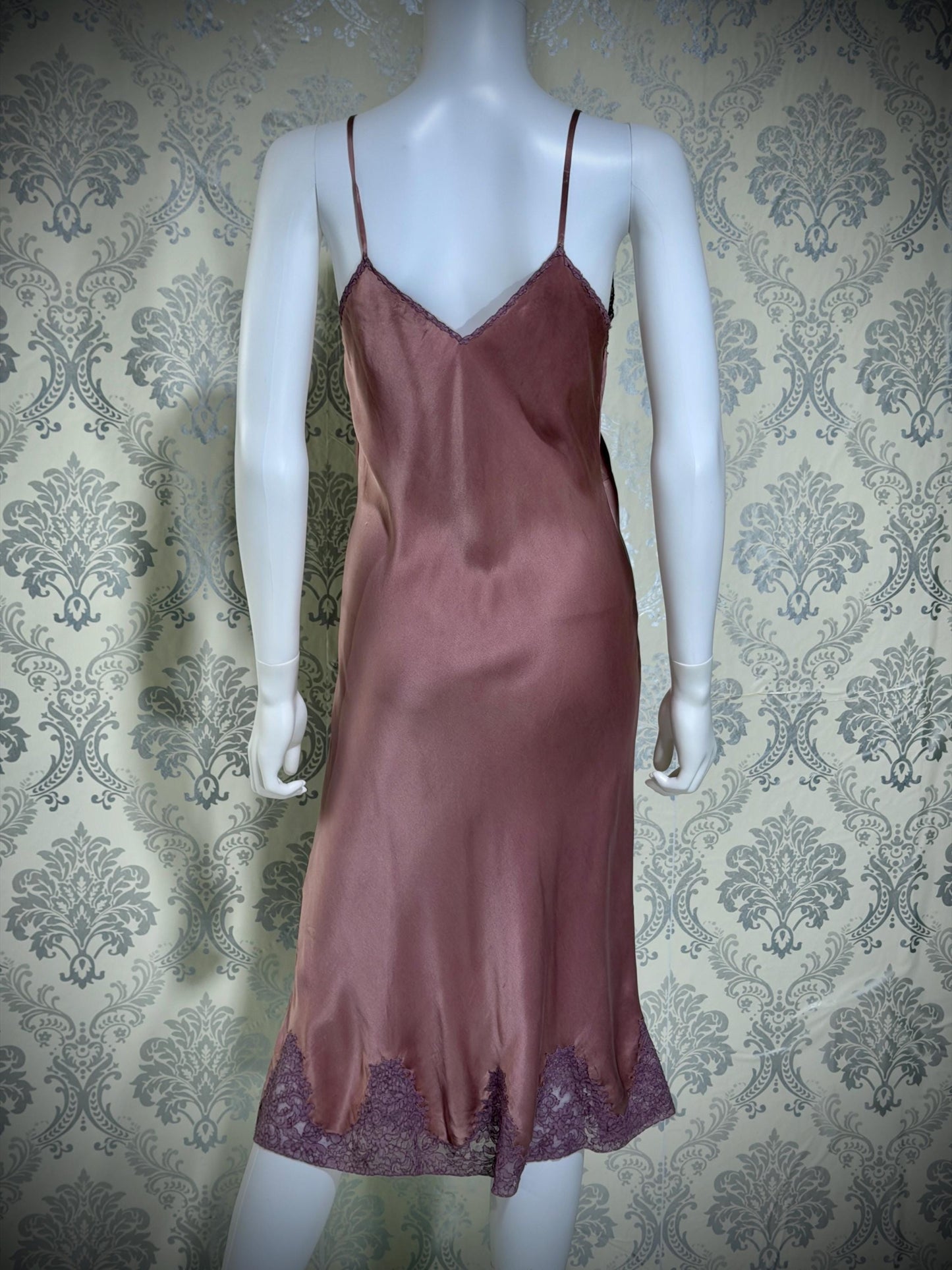 VIANNE vintage 1940s Silk Nightgown slip dress, dusty plum bias cut lace lingerie dress