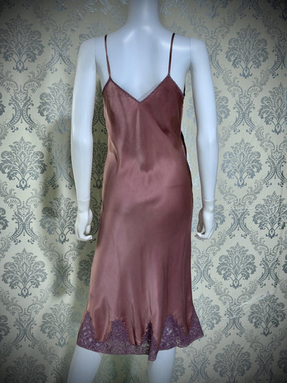 VIANNE vintage 1940s Silk Nightgown slip dress, dusty plum bias cut lace lingerie dress