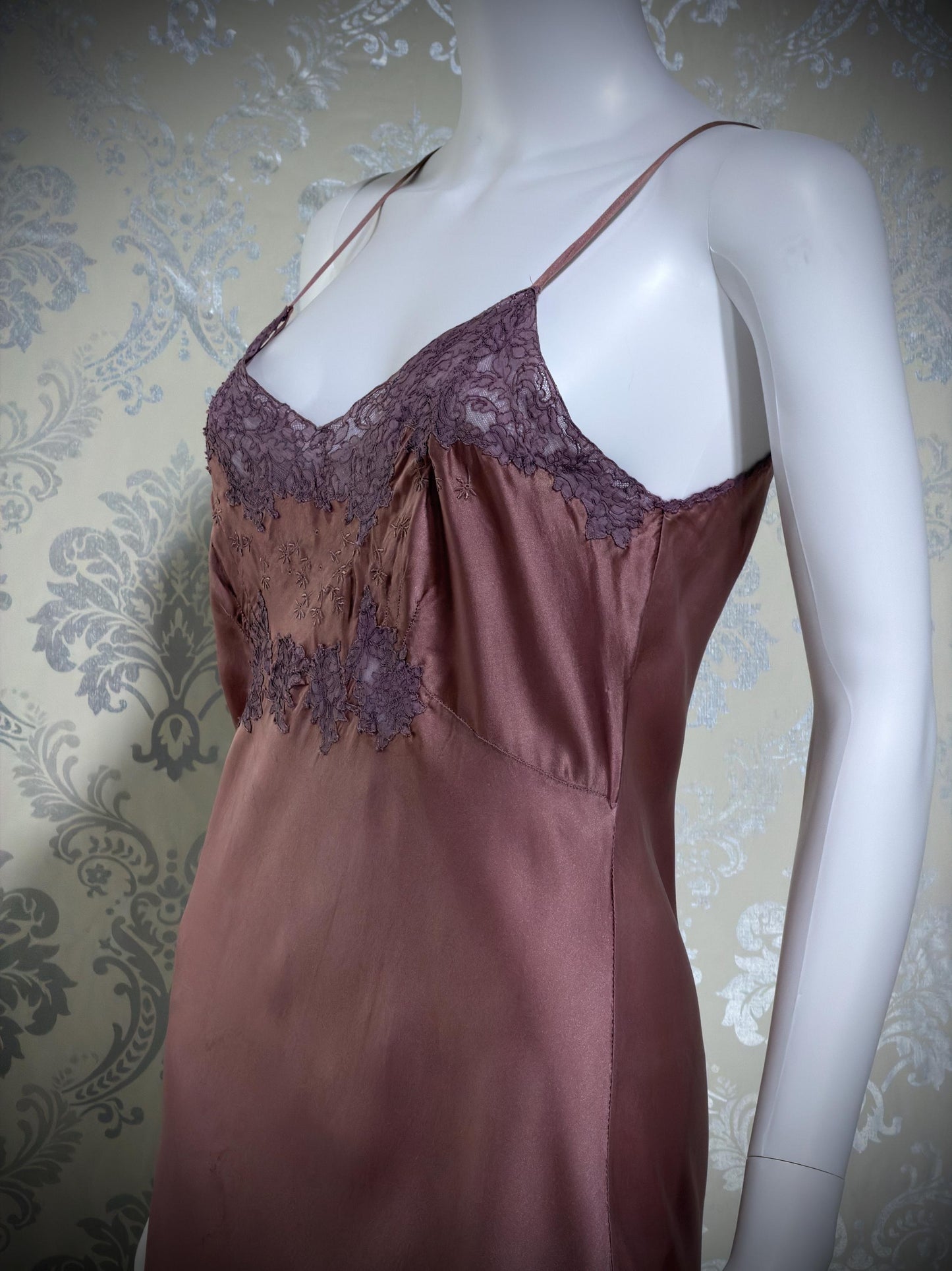 VIANNE vintage 1940s Silk Nightgown slip dress, dusty plum bias cut lace lingerie dress