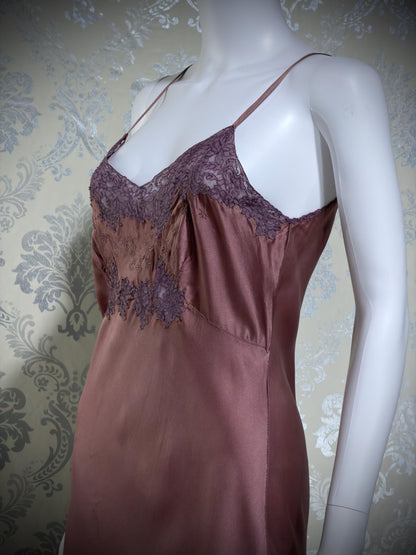 VIANNE vintage 1940s Silk Nightgown slip dress, dusty plum bias cut lace lingerie dress