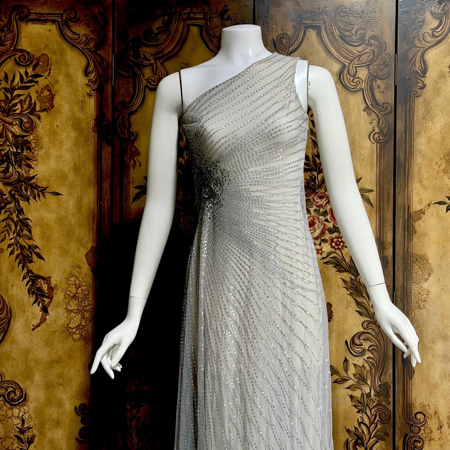 JENNY PACKHAM vintage evening dress gown, Y2K silver sequin one shoulder gown