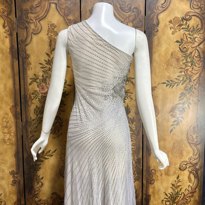 JENNY PACKHAM vintage evening dress gown, Y2K silver sequin one shoulder gown