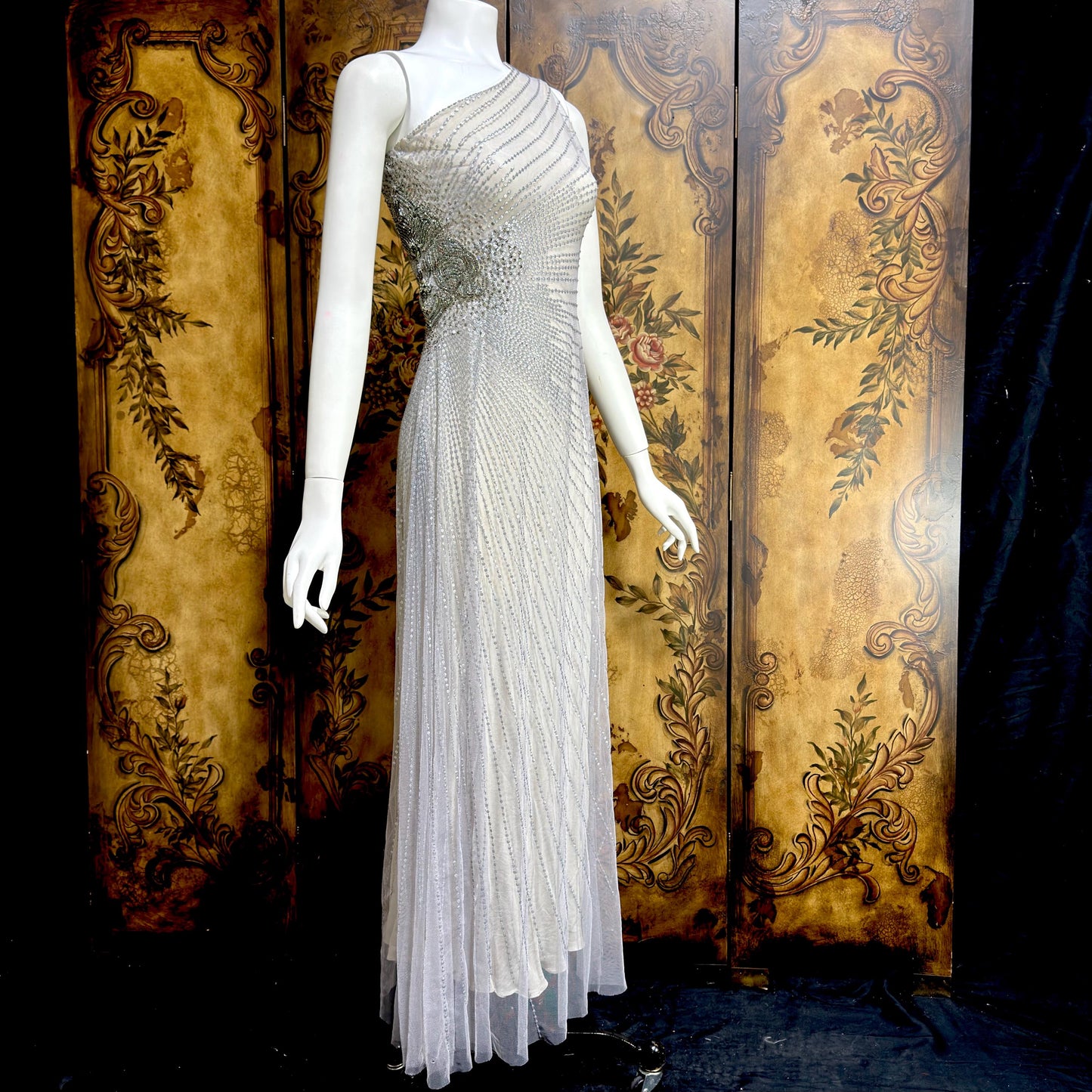JENNY PACKHAM vintage evening dress gown, Y2K silver sequin one shoulder gown