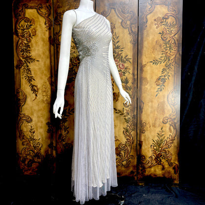 JENNY PACKHAM vintage evening dress gown, Y2K silver sequin one shoulder gown