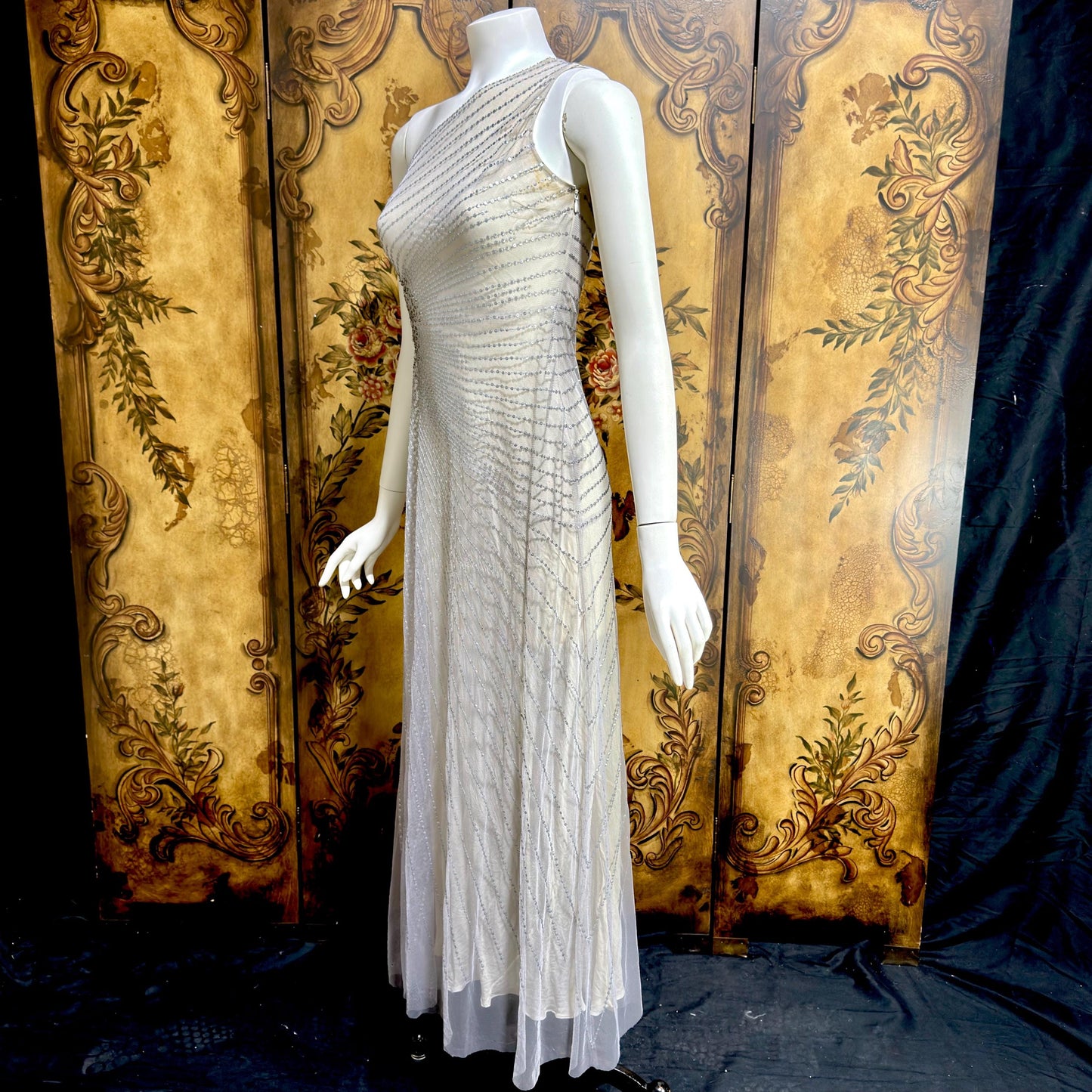 JENNY PACKHAM vintage evening dress gown, Y2K silver sequin one shoulder gown