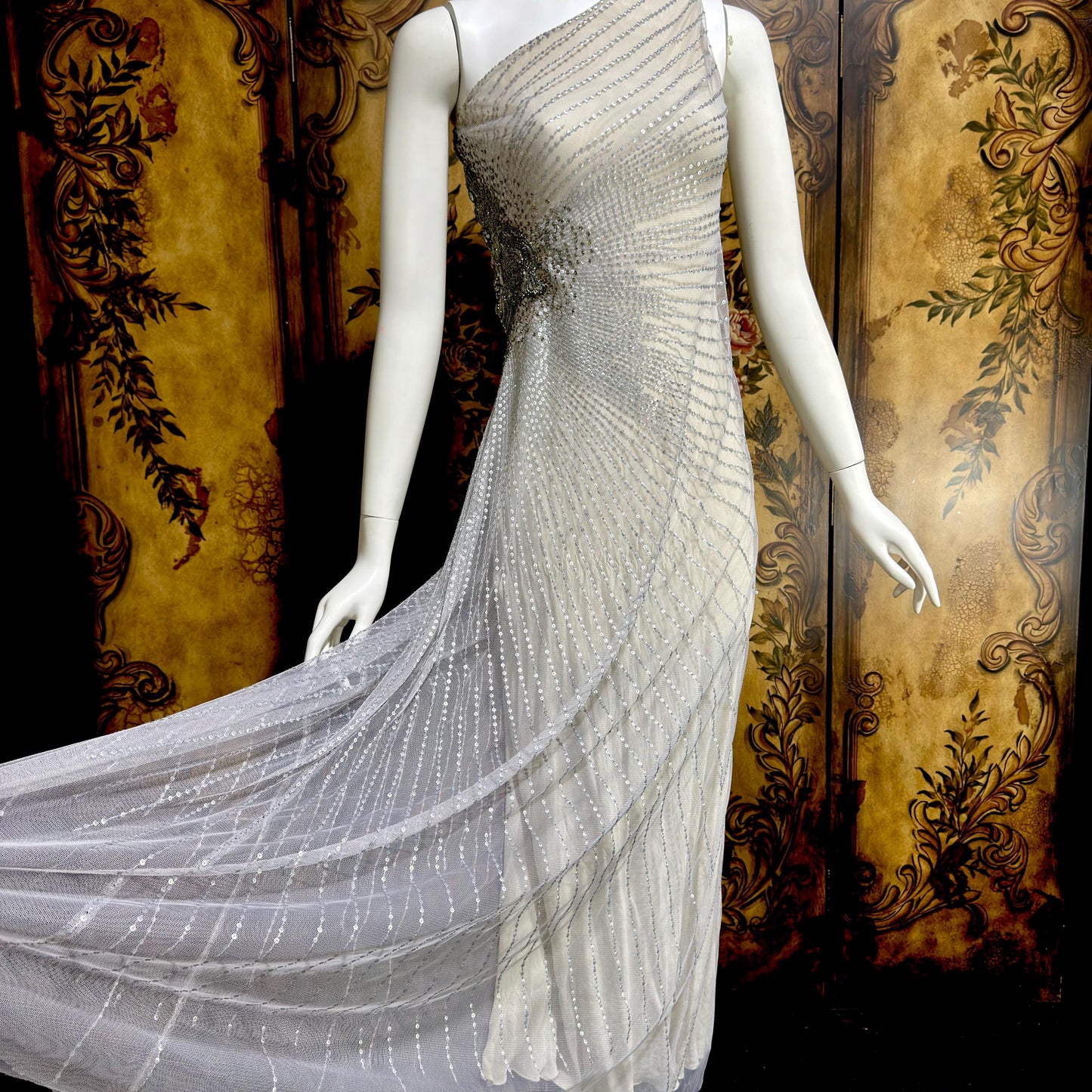 JENNY PACKHAM vintage evening dress gown, Y2K silver sequin one shoulder gown