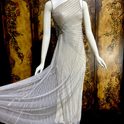 JENNY PACKHAM vintage evening dress gown, Y2K silver sequin one shoulder gown