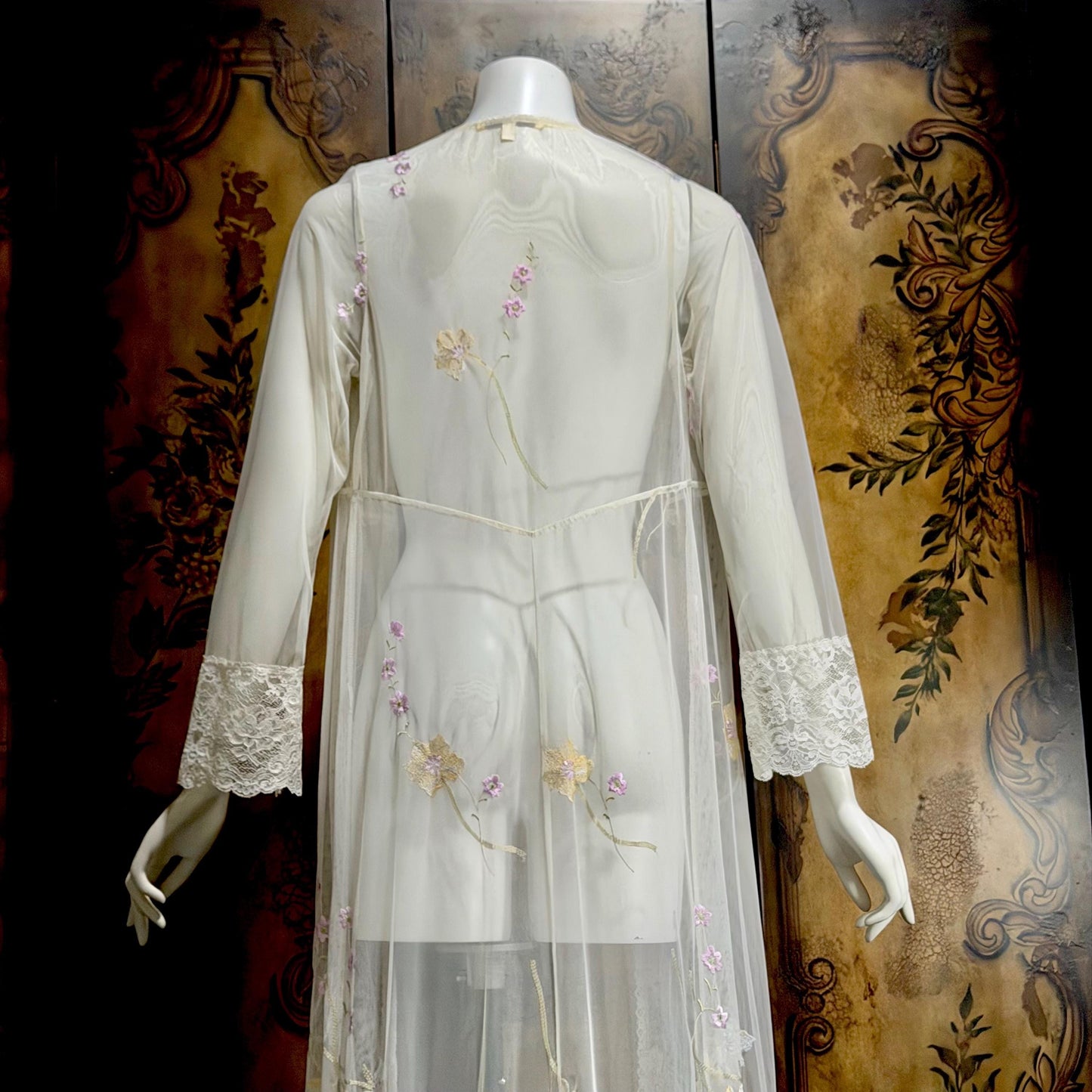 CLAIRE PETTIBONE, vintage wedding coat robe, white sheer nylon embroidery dressing gown