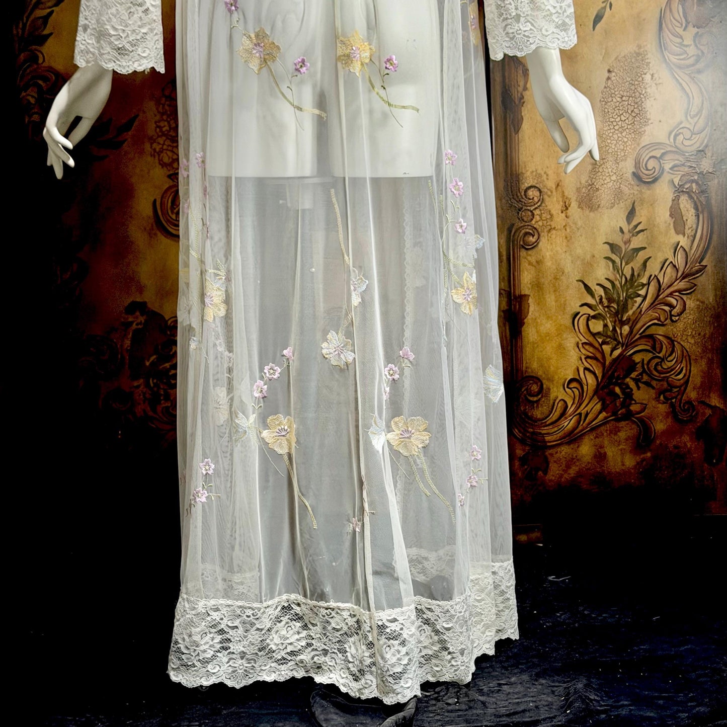 CLAIRE PETTIBONE, vintage wedding coat robe, white sheer nylon embroidery dressing gown