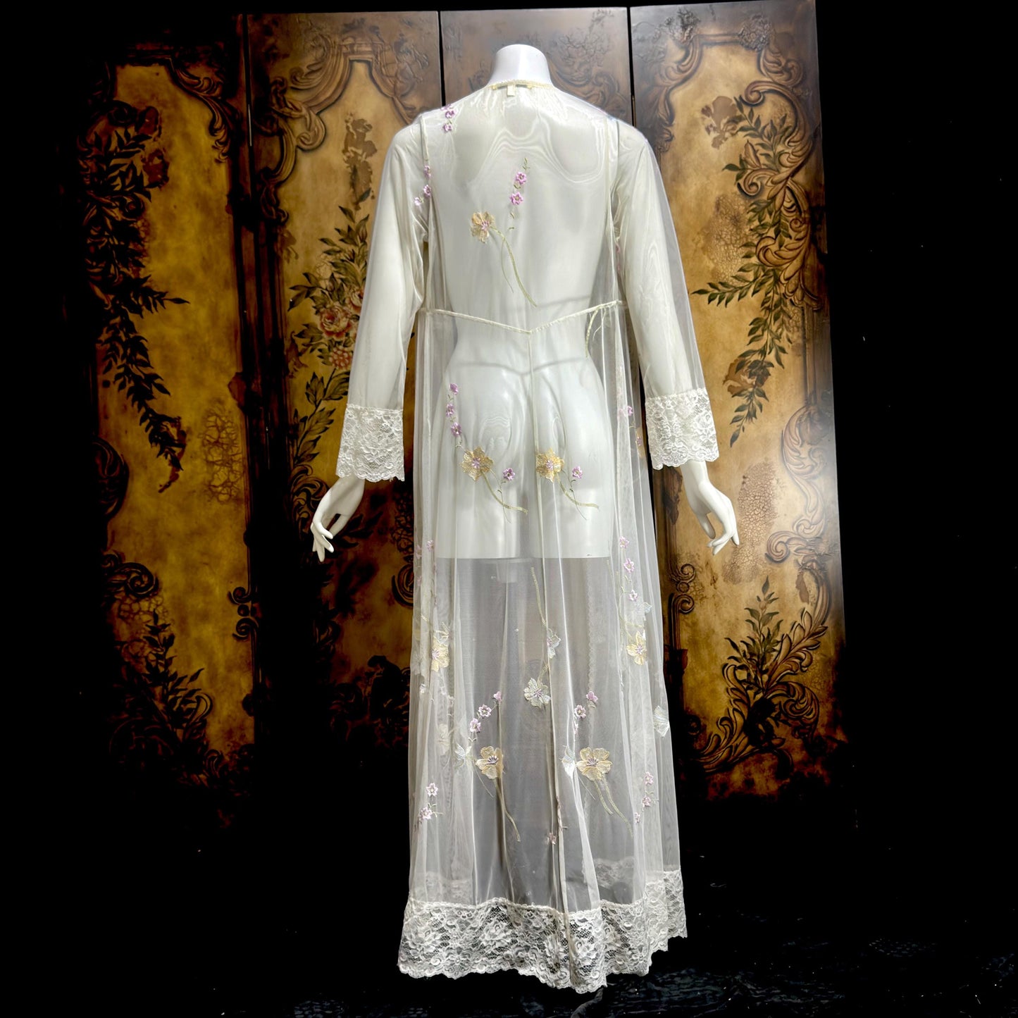 CLAIRE PETTIBONE, vintage wedding coat robe, white sheer nylon embroidery dressing gown