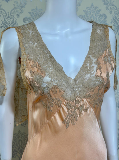 1930s Vintage Nightgown Slip Dress, peach silk and lace bias cut sheath lingerie dress