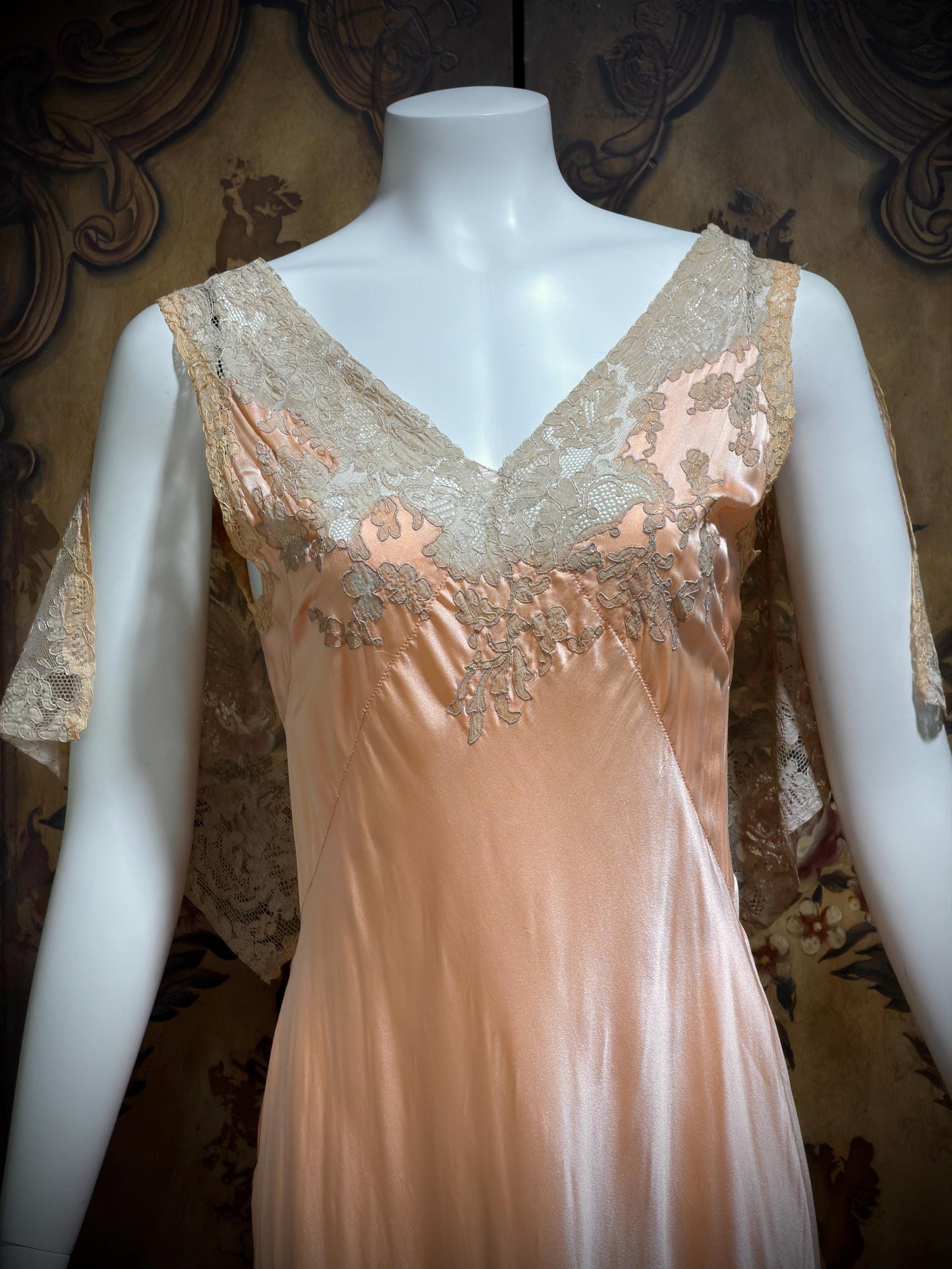 1930s Vintage Nightgown Slip Dress, peach silk and lace bias cut sheath lingerie dress