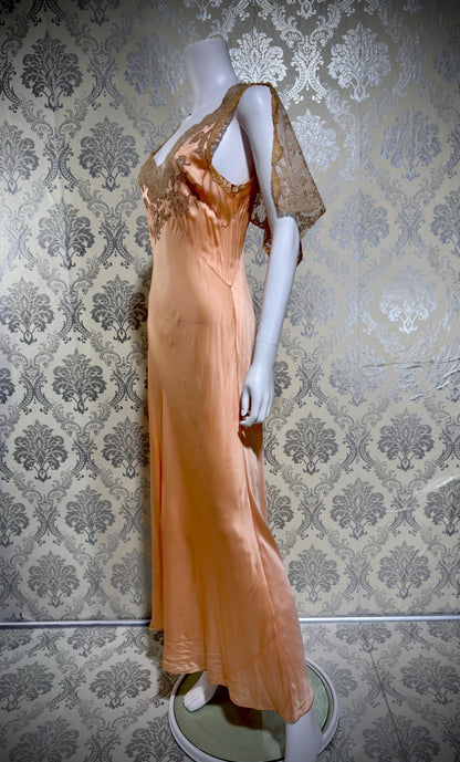 1930s Vintage Nightgown Slip Dress, peach silk and lace bias cut sheath lingerie dress