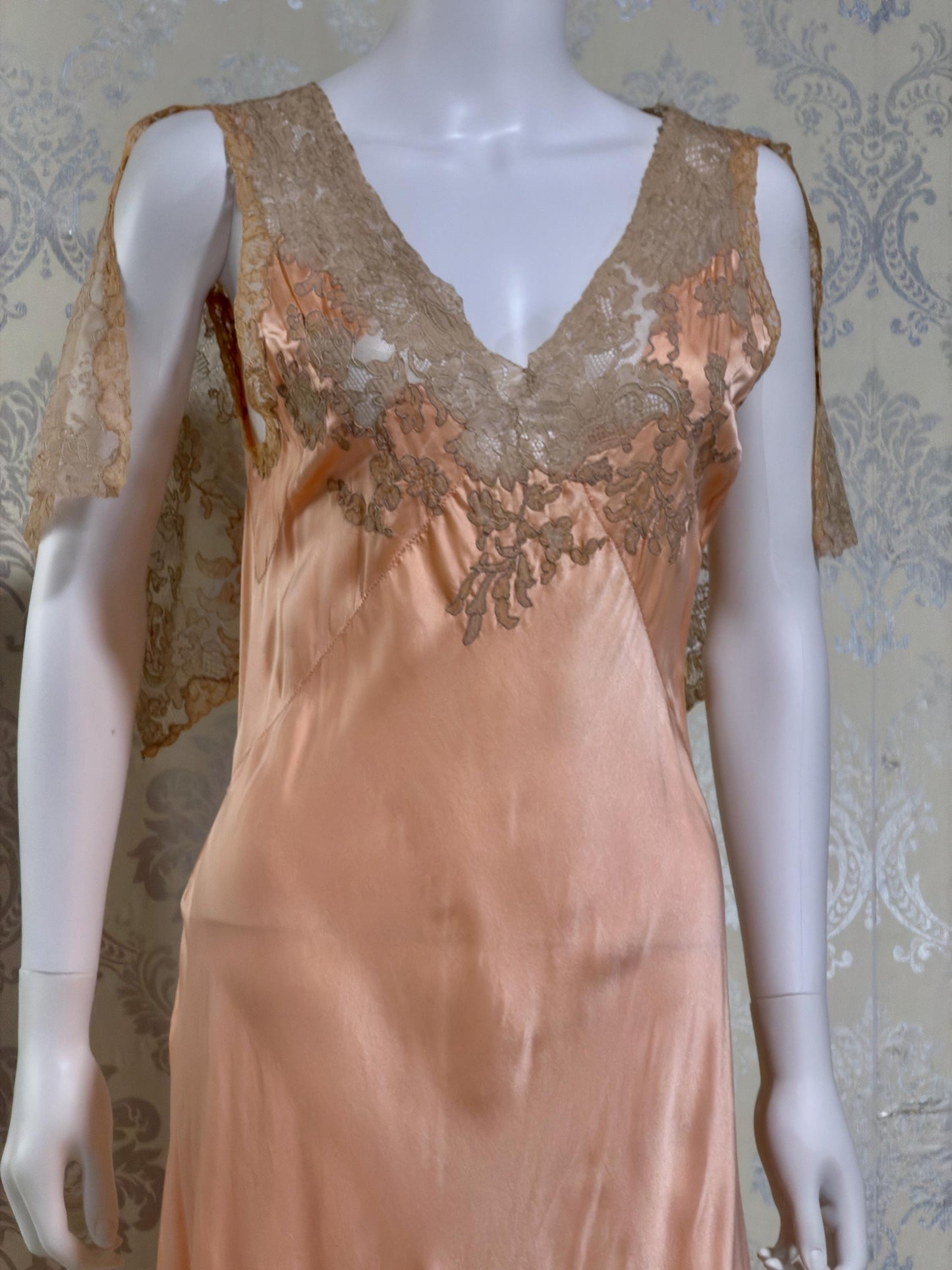 1930s Vintage Nightgown Slip Dress, peach silk and lace bias cut sheath lingerie dress