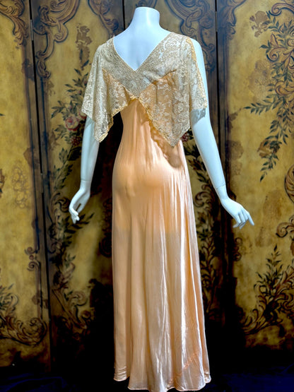 1930s Vintage Nightgown Slip Dress, peach silk and lace bias cut sheath lingerie dress
