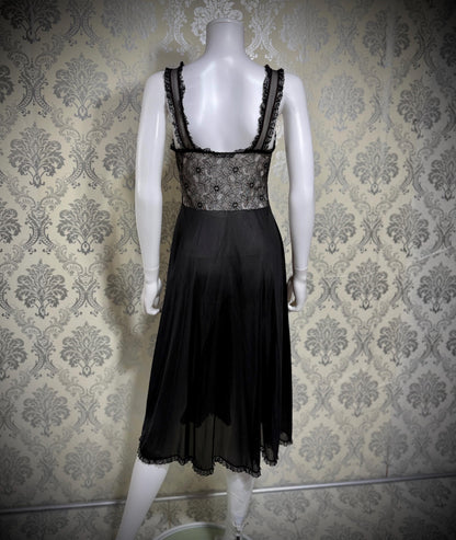 YOLANDE Vintage 1950s Nightgown Slip dress, Black Nylon lingerie dress