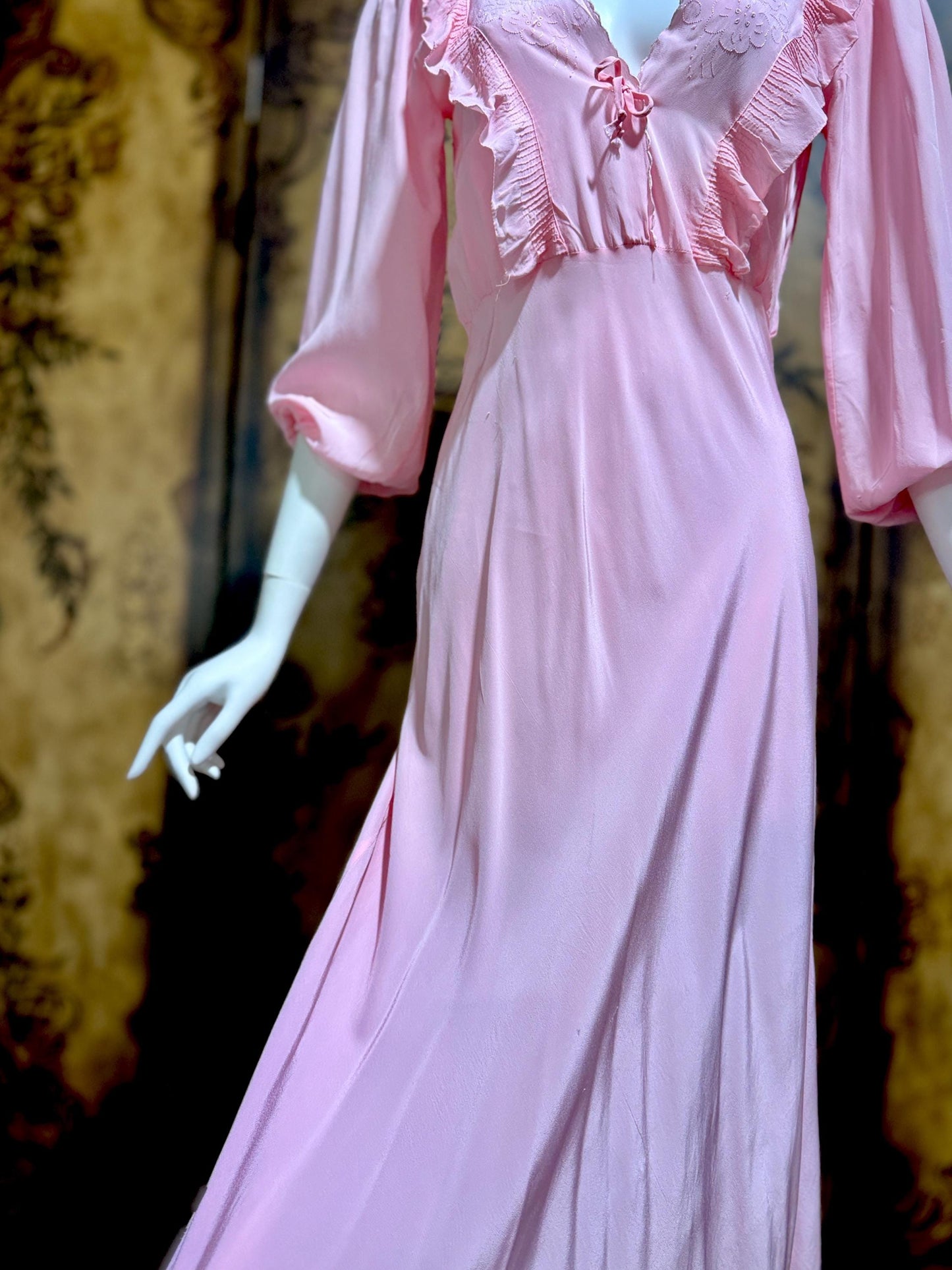 1940s Vintage Nightgown Lingerie Dress, Pink bias cut rayon House dress