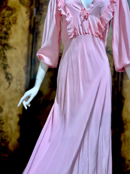 1940s Vintage Nightgown Lingerie Dress, Pink bias cut rayon House dress