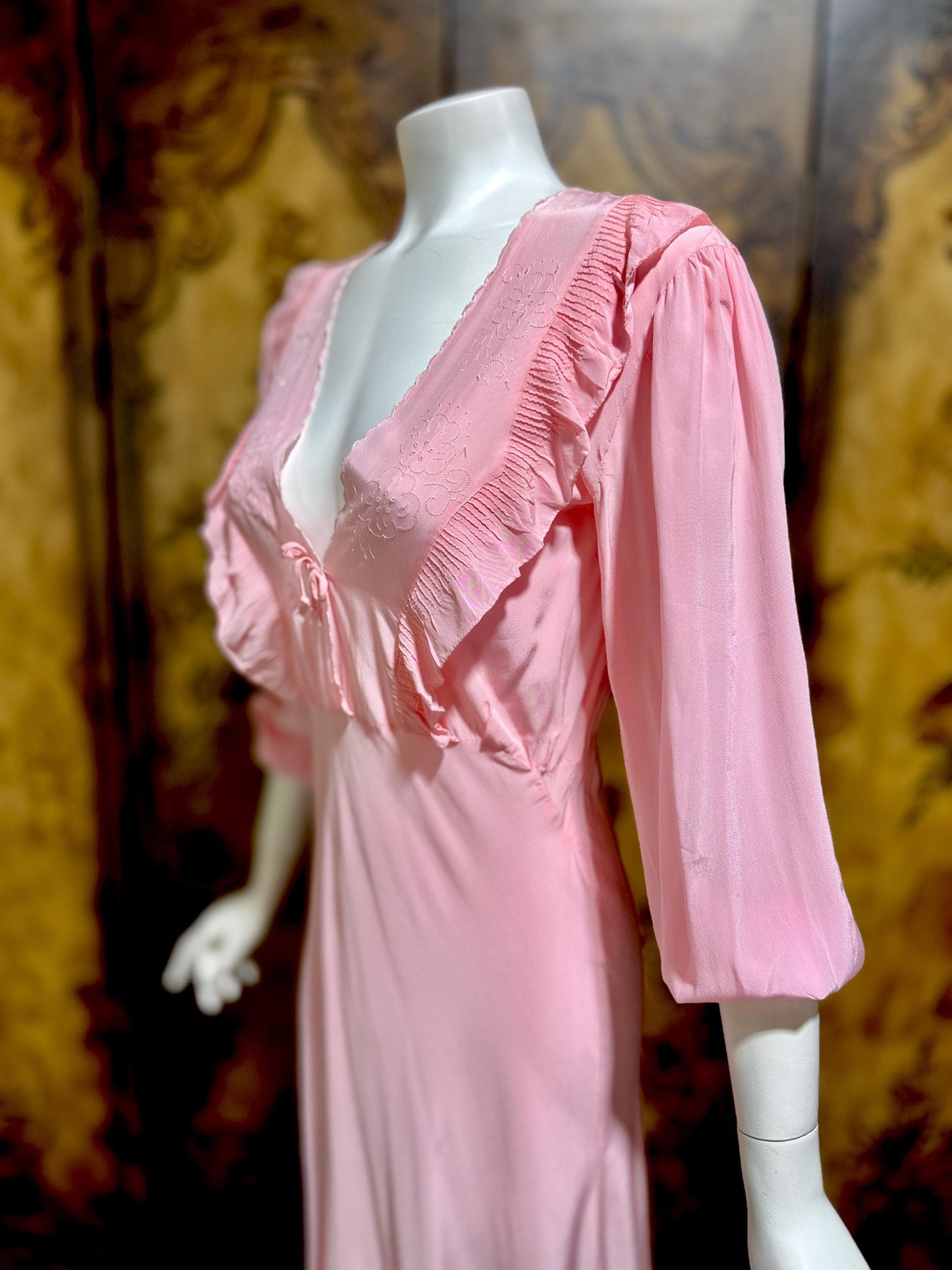 1940s Vintage Nightgown Lingerie Dress, Pink bias cut rayon House dress