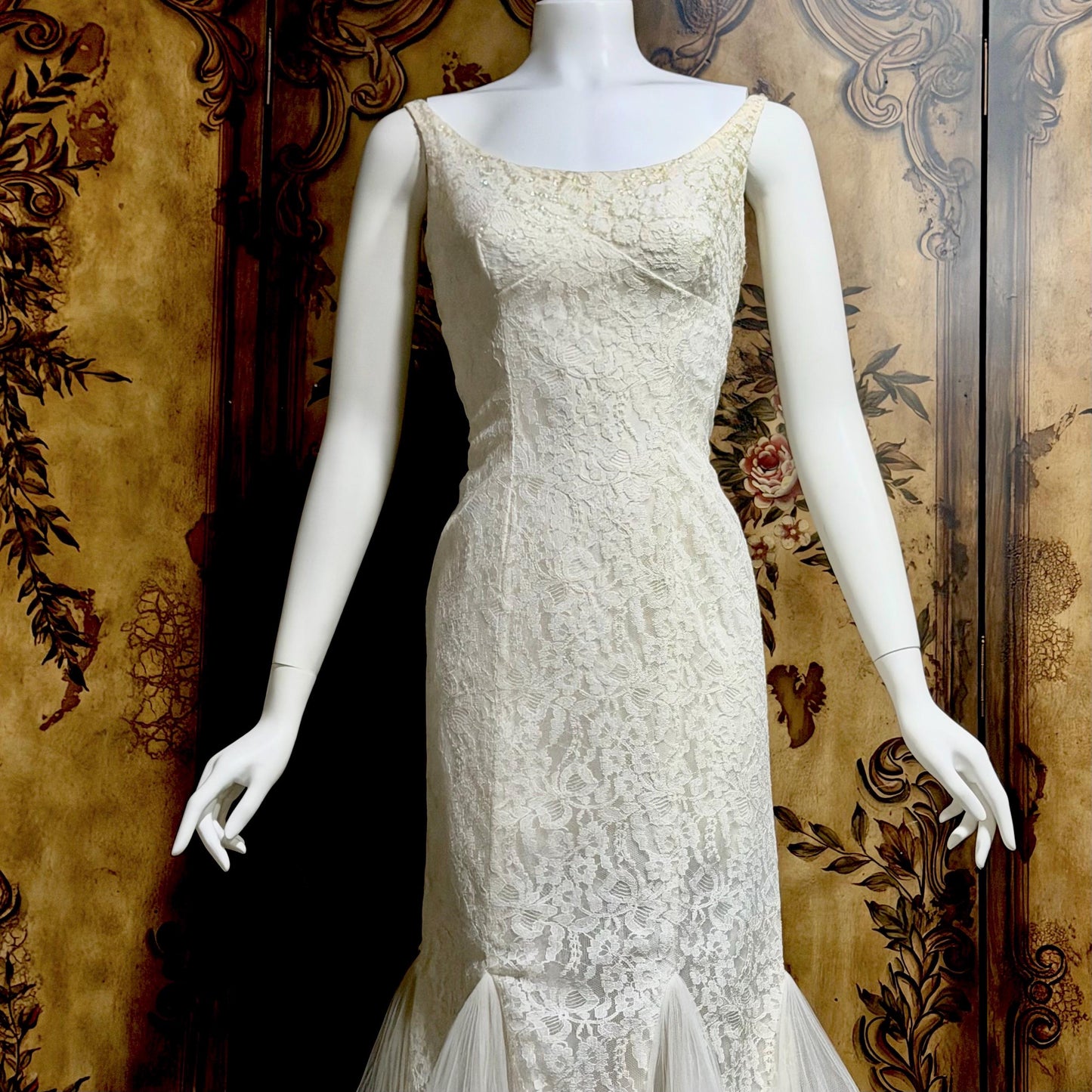 EMMA DOMB vintage wedding dress gown, 1950s white lace tulle mermaid gown