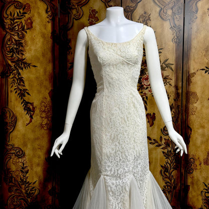 EMMA DOMB vintage wedding dress gown, 1950s white lace tulle mermaid gown