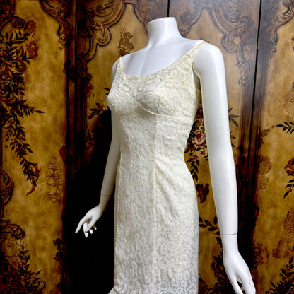EMMA DOMB vintage wedding dress gown, 1950s white lace tulle mermaid gown