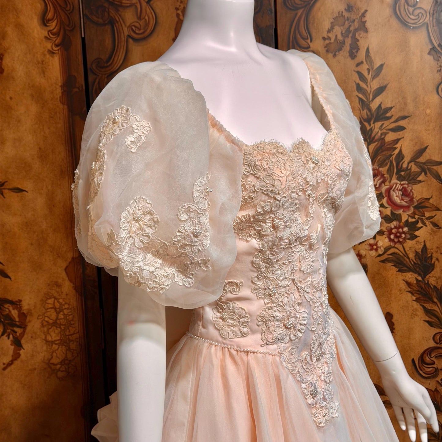 1980s vintage wedding dress gown, Pink Blush Organza Off Shoulder ball gown