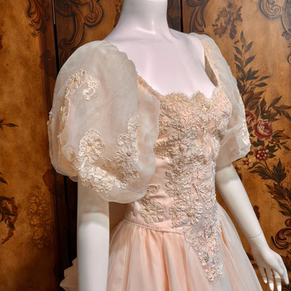 1980s vintage wedding dress gown, Pink Blush Organza Off Shoulder ball gown