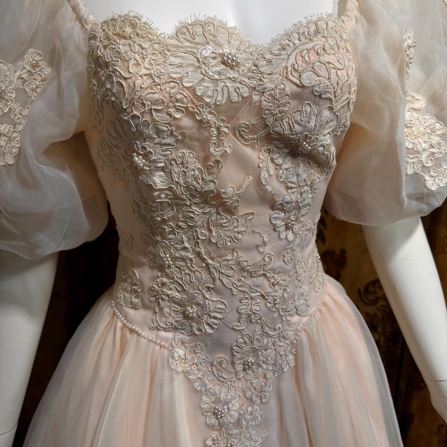 1980s vintage wedding dress gown, Pink Blush Organza Off Shoulder ball gown