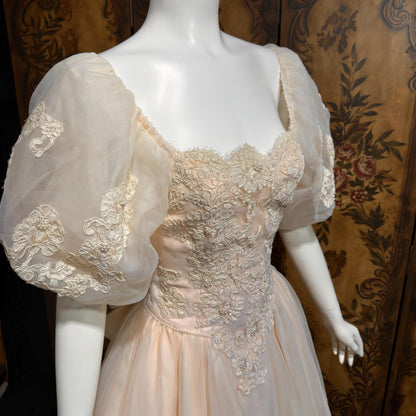 1980s vintage wedding dress gown, Pink Blush Organza Off Shoulder ball gown