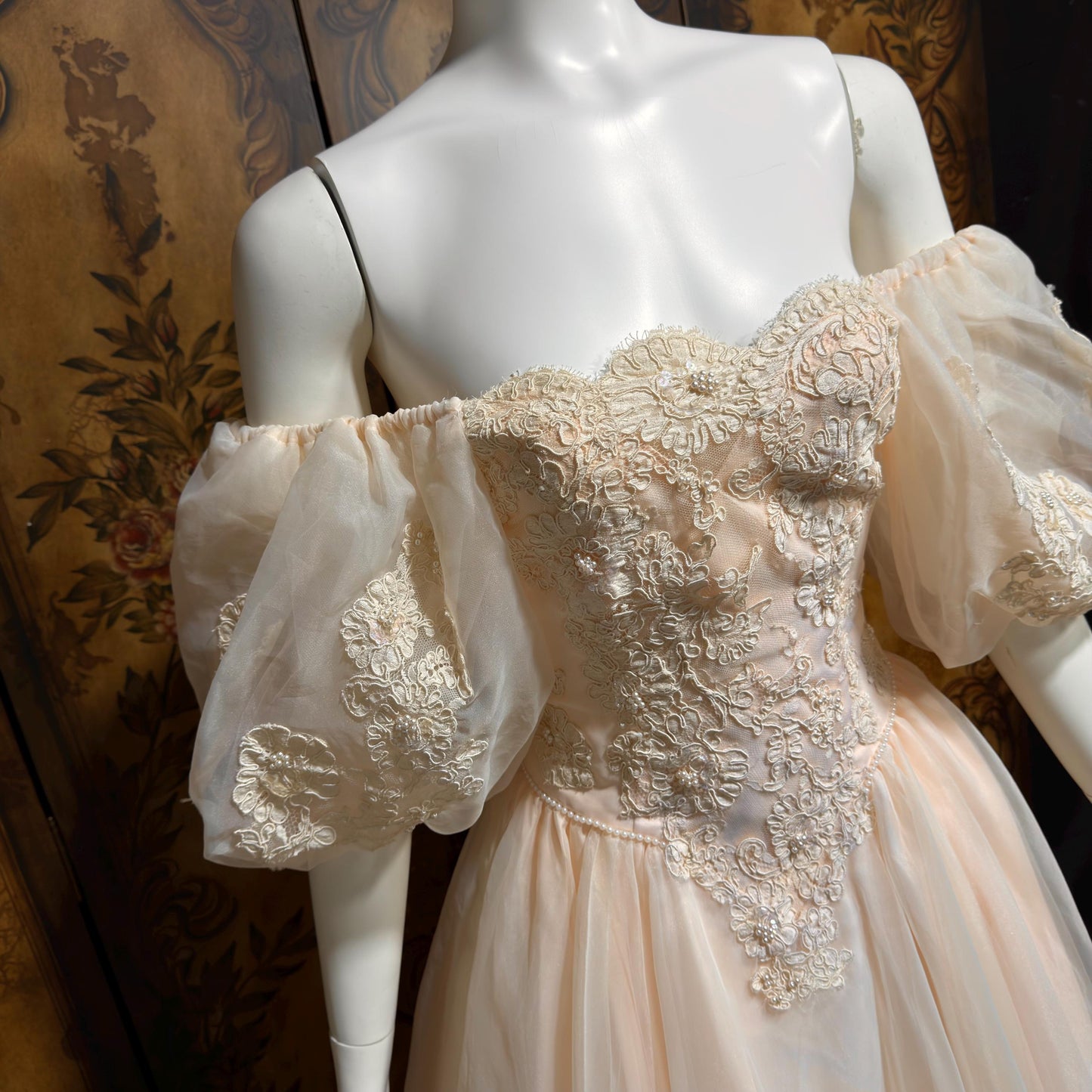 1980s vintage wedding dress gown, Pink Blush Organza Off Shoulder ball gown