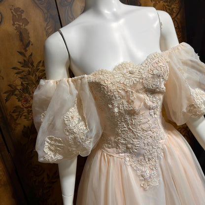 1980s vintage wedding dress gown, Pink Blush Organza Off Shoulder ball gown