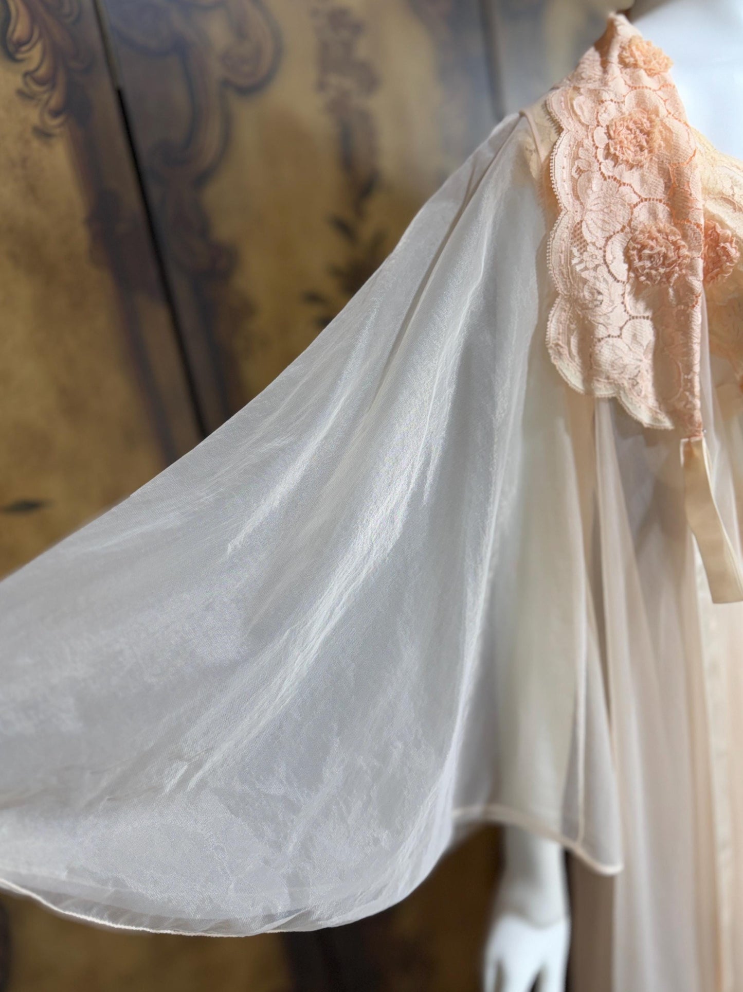 VANITY FAIR vintage Nightgown Robe Peignoir Set, 1960s Sheer peach lace pleats rosettes