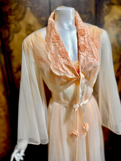 VANITY FAIR vintage Nightgown Robe Peignoir Set, 1960s Sheer peach lace pleats rosettes