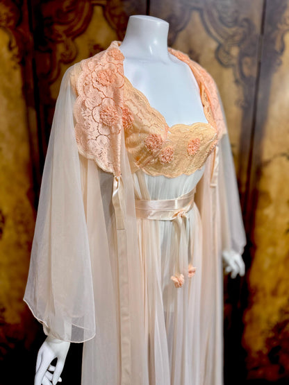VANITY FAIR vintage Nightgown Robe Peignoir Set, 1960s Sheer peach lace pleats rosettes