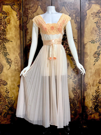 VANITY FAIR vintage Nightgown Robe Peignoir Set, 1960s Sheer peach lace pleats rosettes