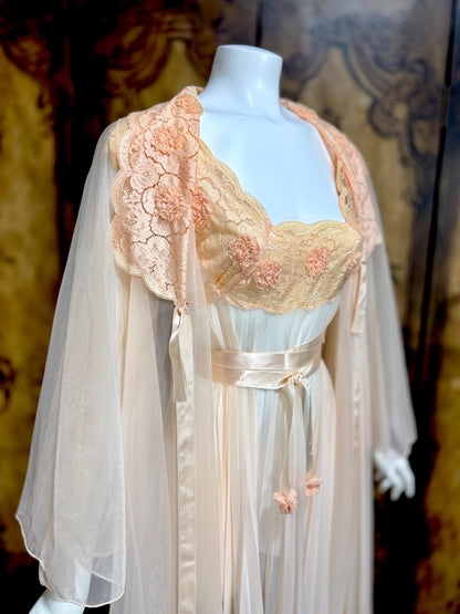 VANITY FAIR vintage Nightgown Robe Peignoir Set, 1960s Sheer peach lace pleats rosettes